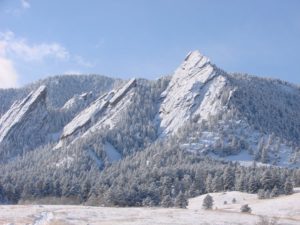 A snowy day on the Flatirons in Boulder.
